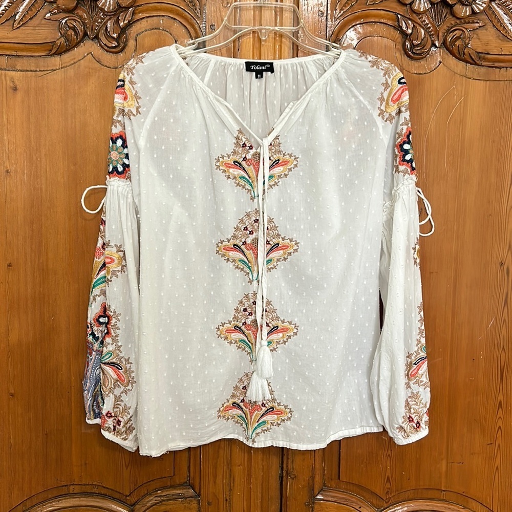 Sundance Tolani Callie Tassle Tie Neckline Top Featuring Lots of Embroidery